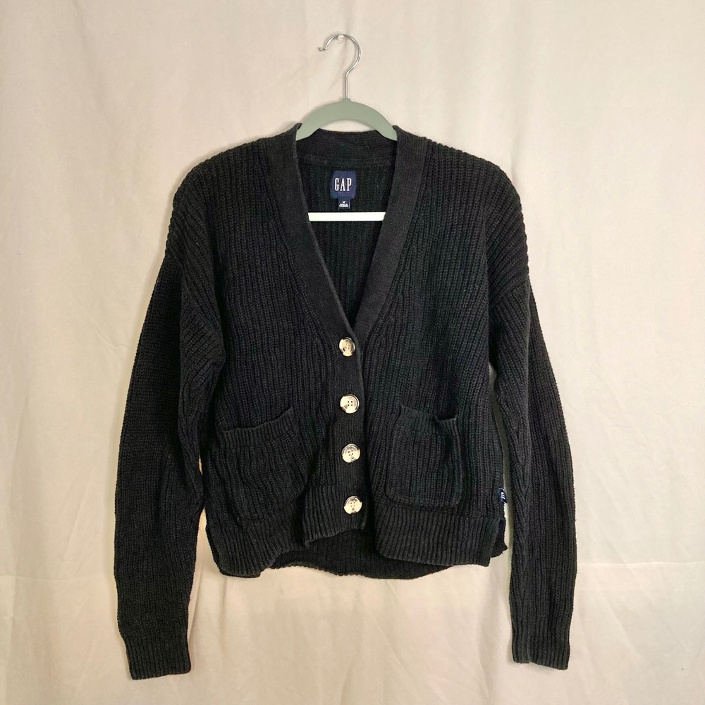 GAP Black Cotton Shaker Stitch Chunky Knit Button Cropped Cardigan Sweater M